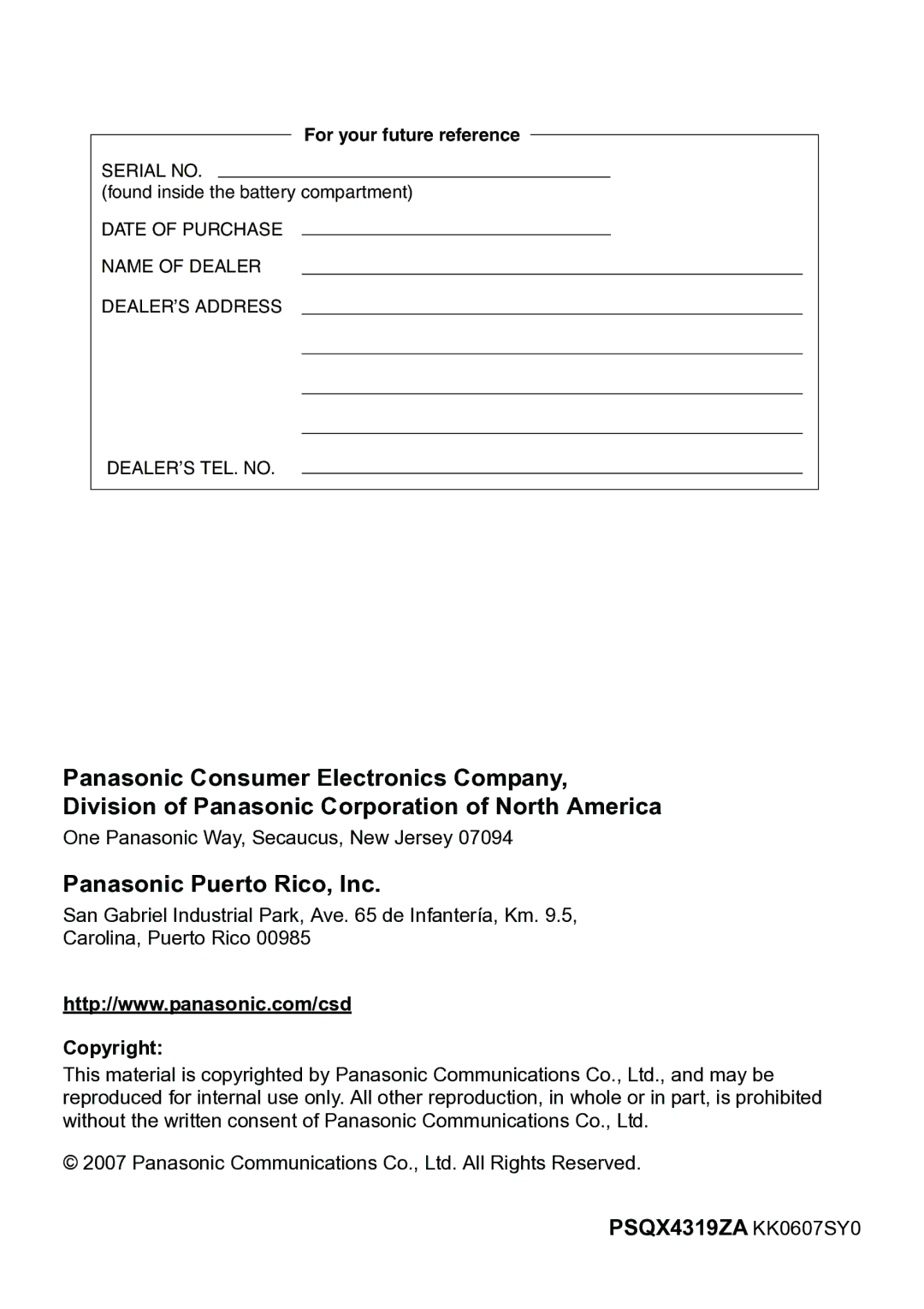 Panasonic KX-TD7684 operating instructions Panasonic Puerto Rico, Inc, Copyright 