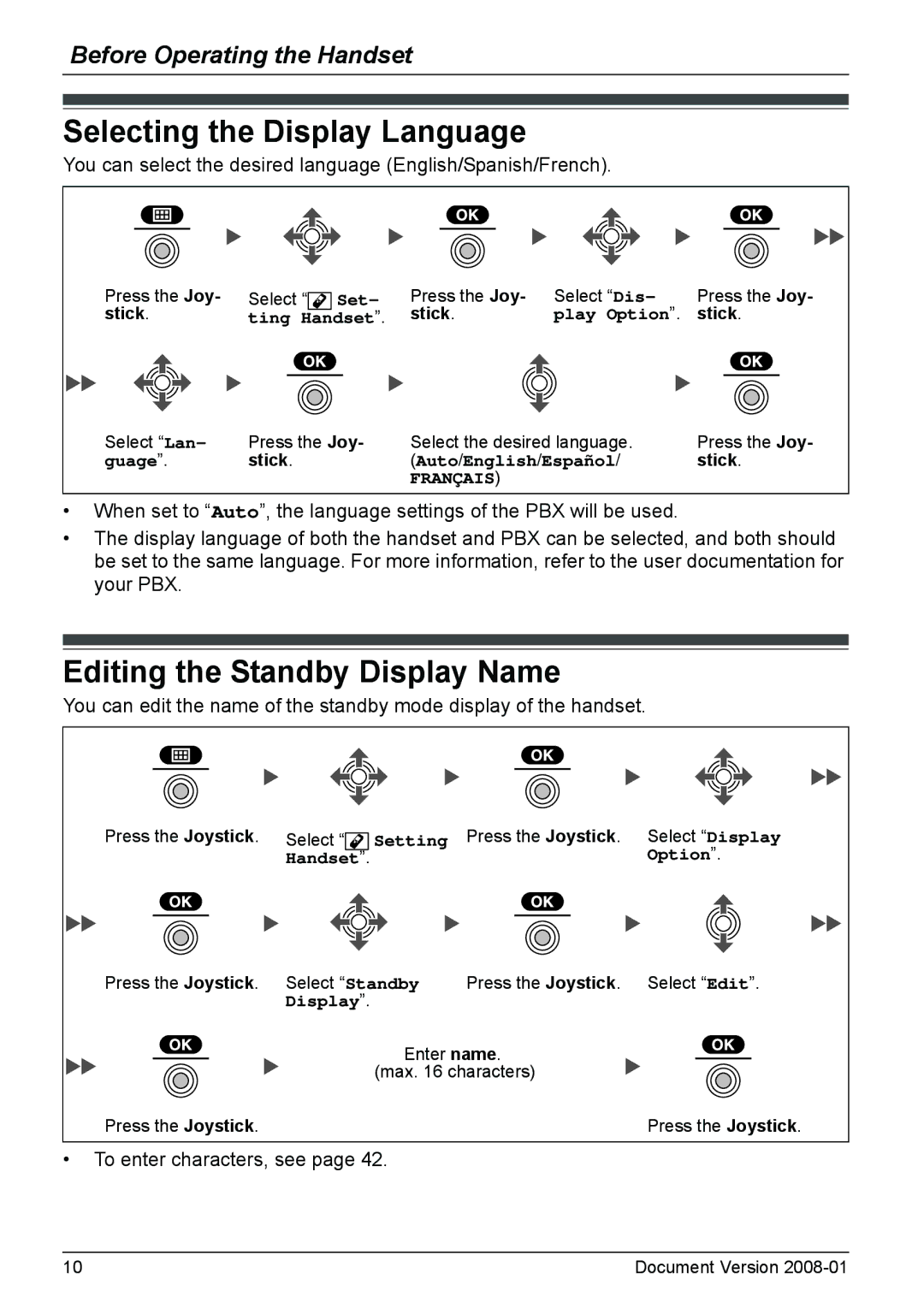 Panasonic KX-TD7685 operating instructions Selecting the Display Language, Editing the Standby Display Name, Stick 