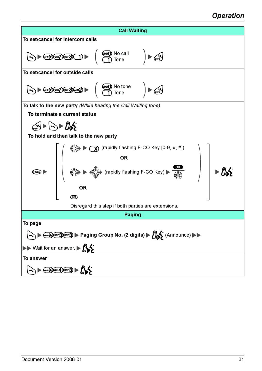 Panasonic KX-TD7685 Call Waiting To set/cancel for intercom calls, To set/cancel for outside calls, To answer 