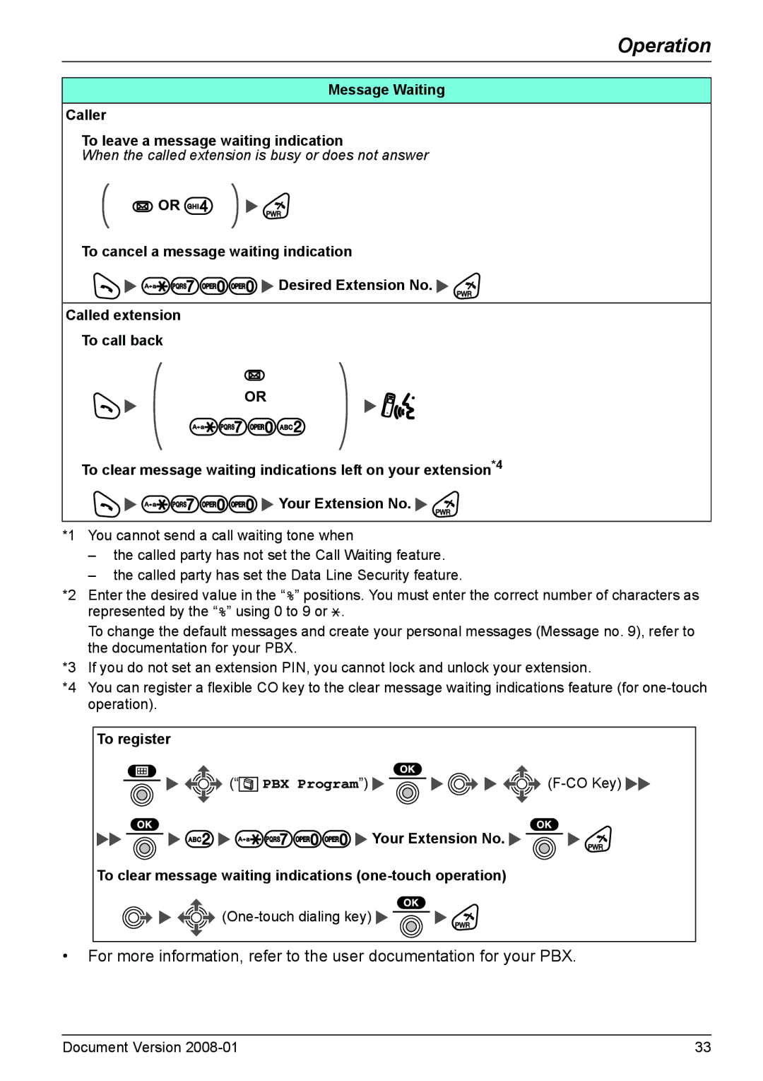 Panasonic KX-TD7685 operating instructions Message Waiting Caller To leave a message waiting indication, To register 