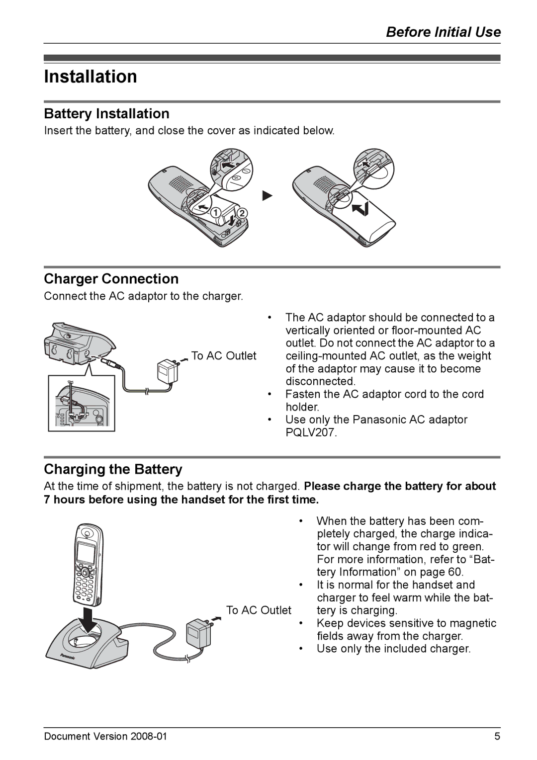 Panasonic KX-TD7685 operating instructions Battery Installation, Charger Connection, Charging the Battery 