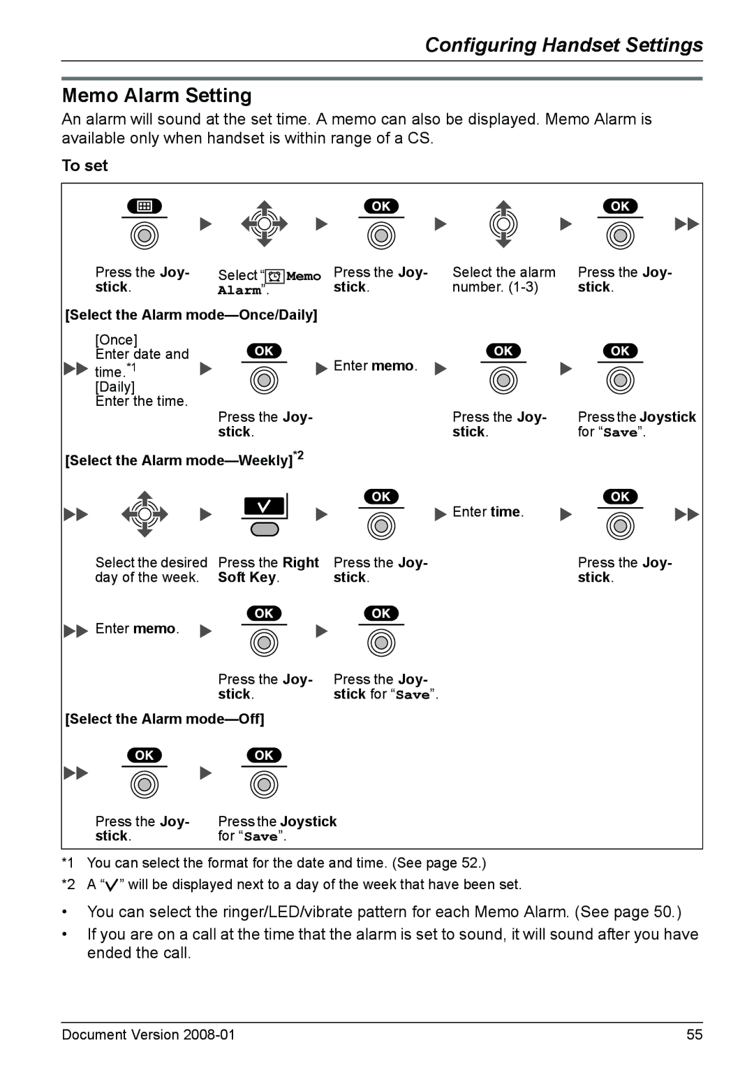 Panasonic KX-TD7685 Memo Alarm Setting, To set, Select the Alarm mode-Weekly *2, Select the Alarm mode-Off 