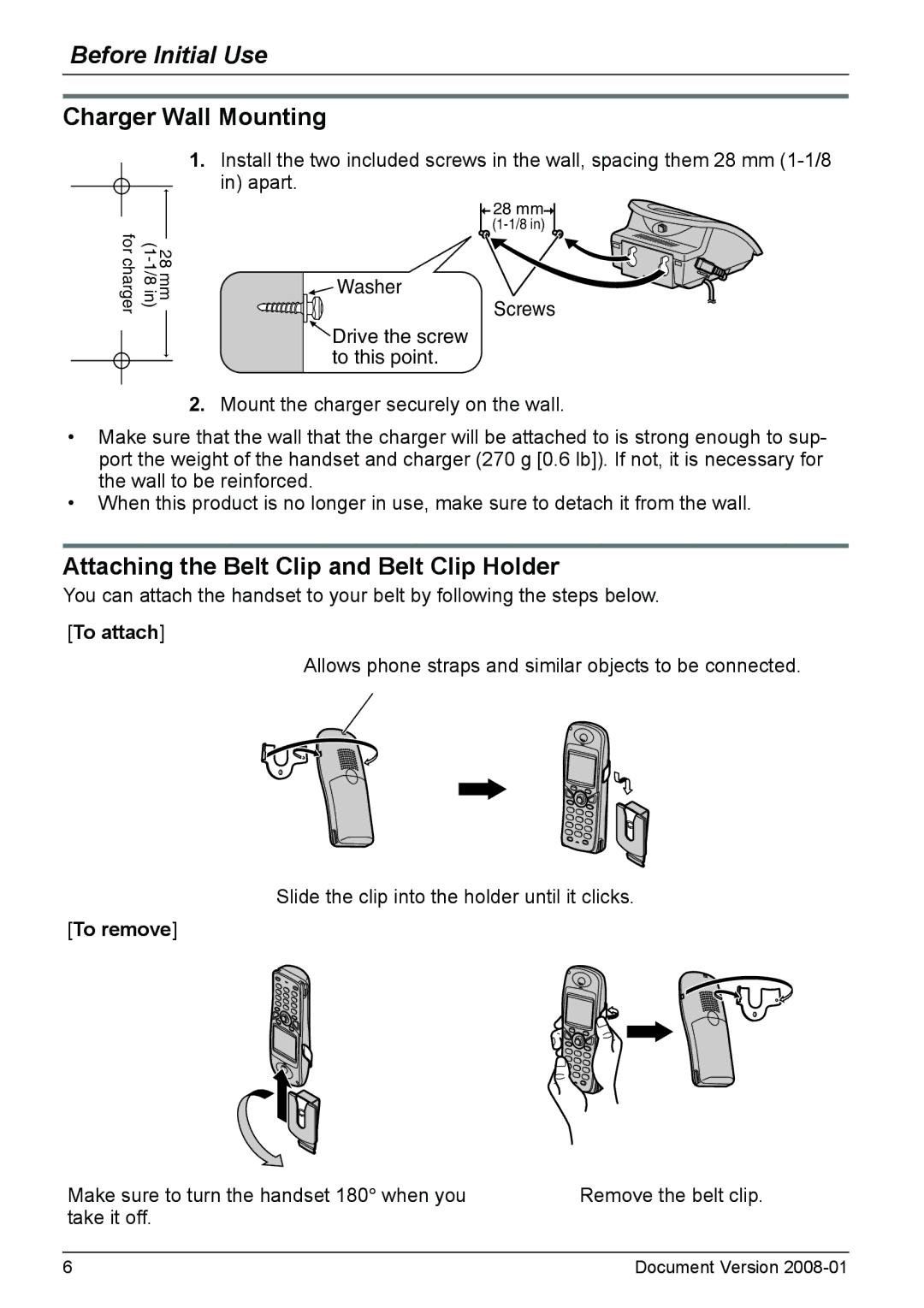 Panasonic KX-TD7685 Charger Wall Mounting, Attaching the Belt Clip and Belt Clip Holder, To attach, To remove 