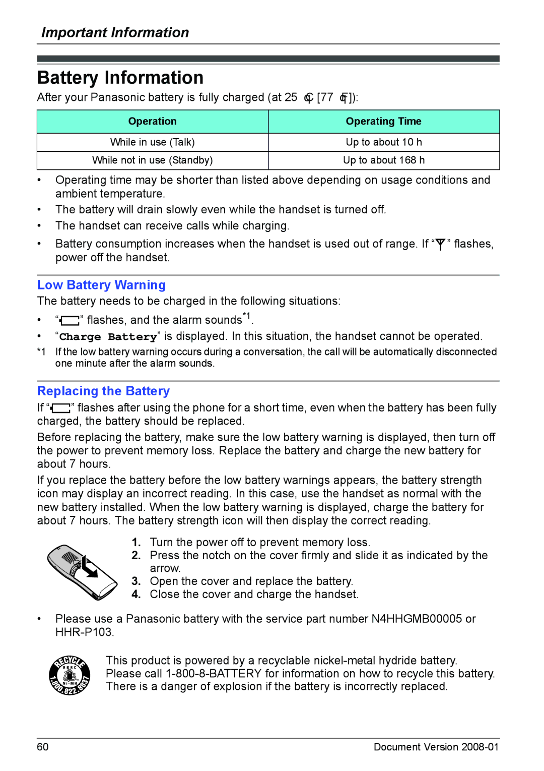 Panasonic KX-TD7685 operating instructions Battery Information, Operation Operating Time 