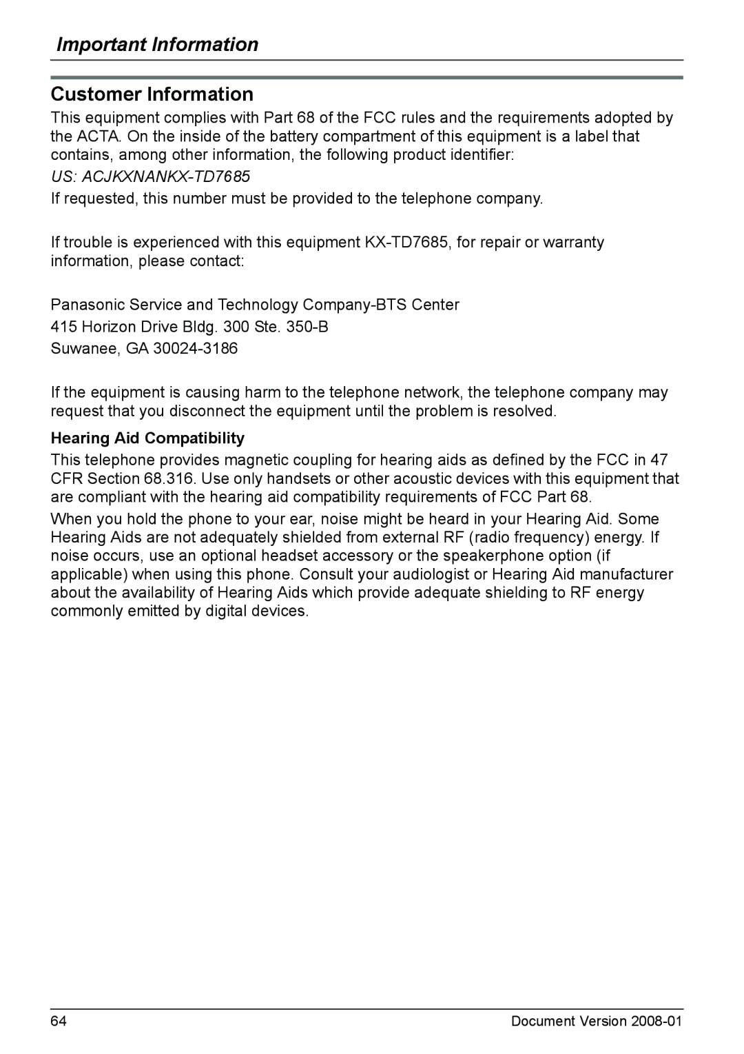 Panasonic KX-TD7685 operating instructions Customer Information, Hearing Aid Compatibility 