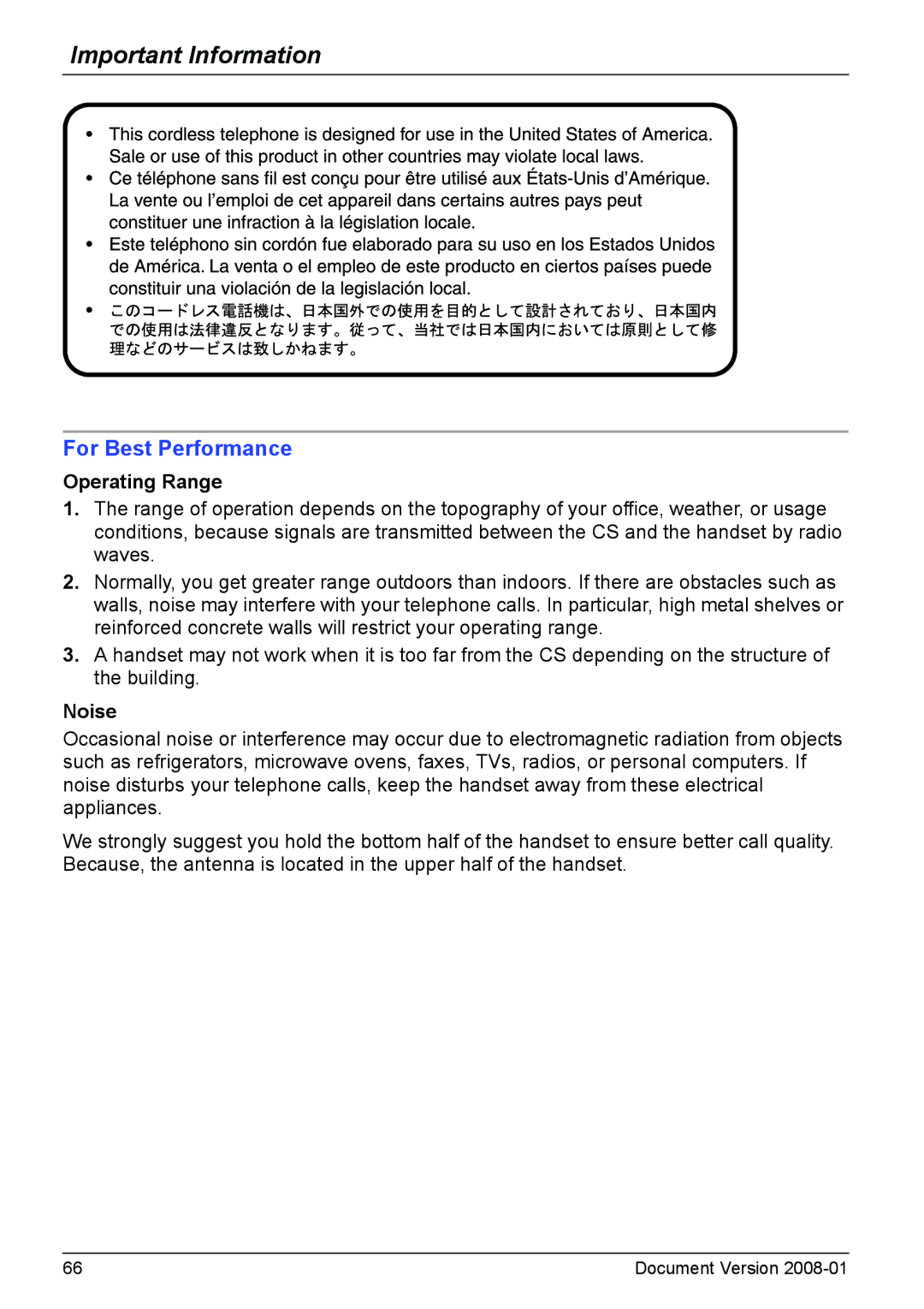 Panasonic KX-TD7685 operating instructions Operating Range, Noise 