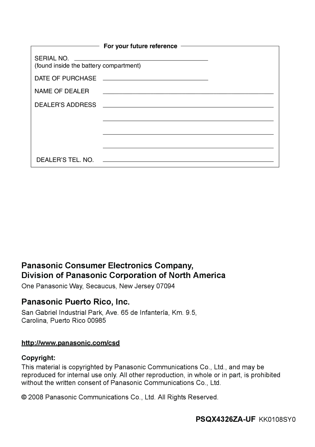 Panasonic KX-TD7685 operating instructions Panasonic Puerto Rico, Inc, Copyright, For your future reference 