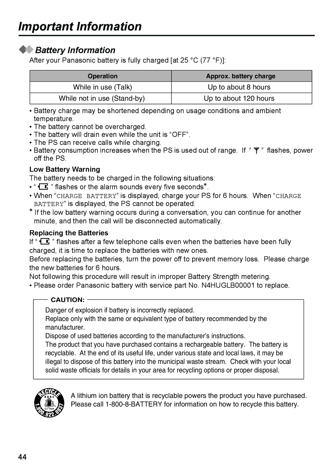 Panasonic KX-TD7690 manual Important Information, Battery Information, Low Battery Warning, Replacing the Batteries 