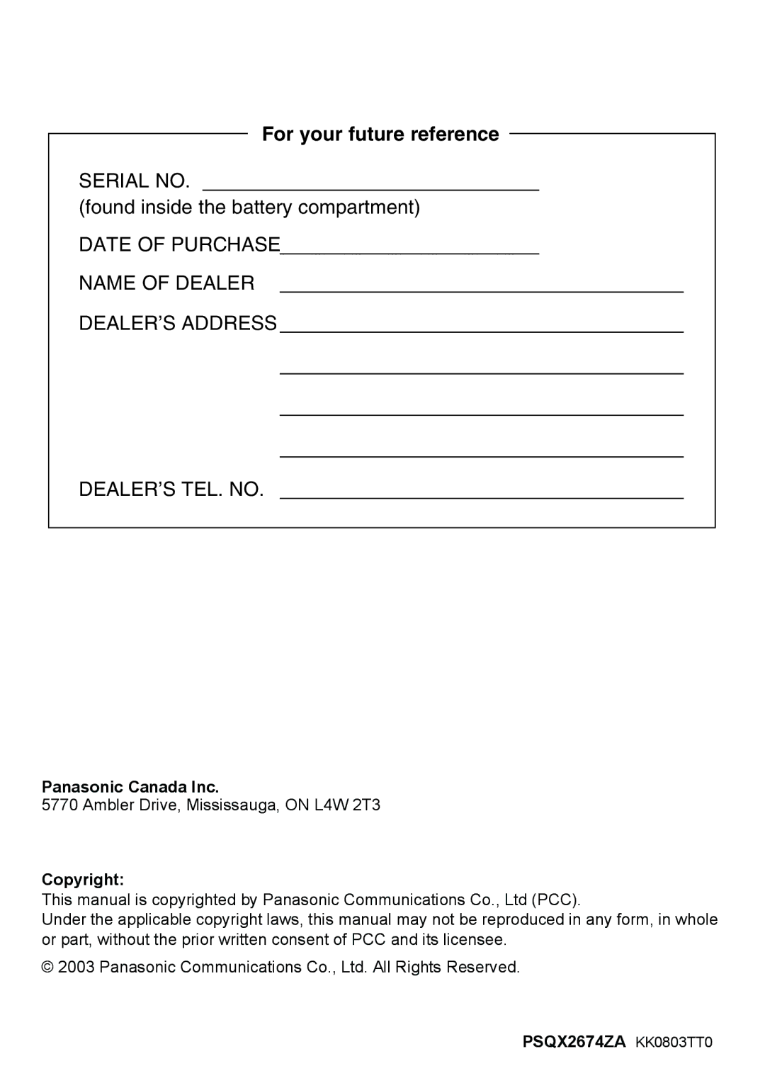 Panasonic KX-TD7690 manual Panasonic Canada Inc, Copyright, PSQX2674ZA KK0803TT0 