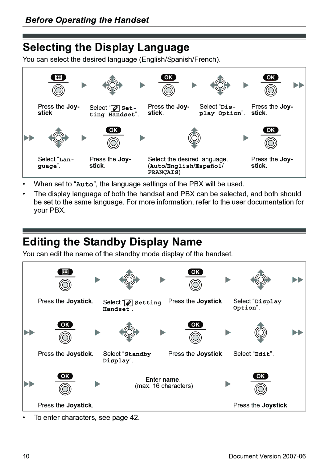 Panasonic KX-TD7694 operating instructions Selecting the Display Language, Editing the Standby Display Name, Stick 