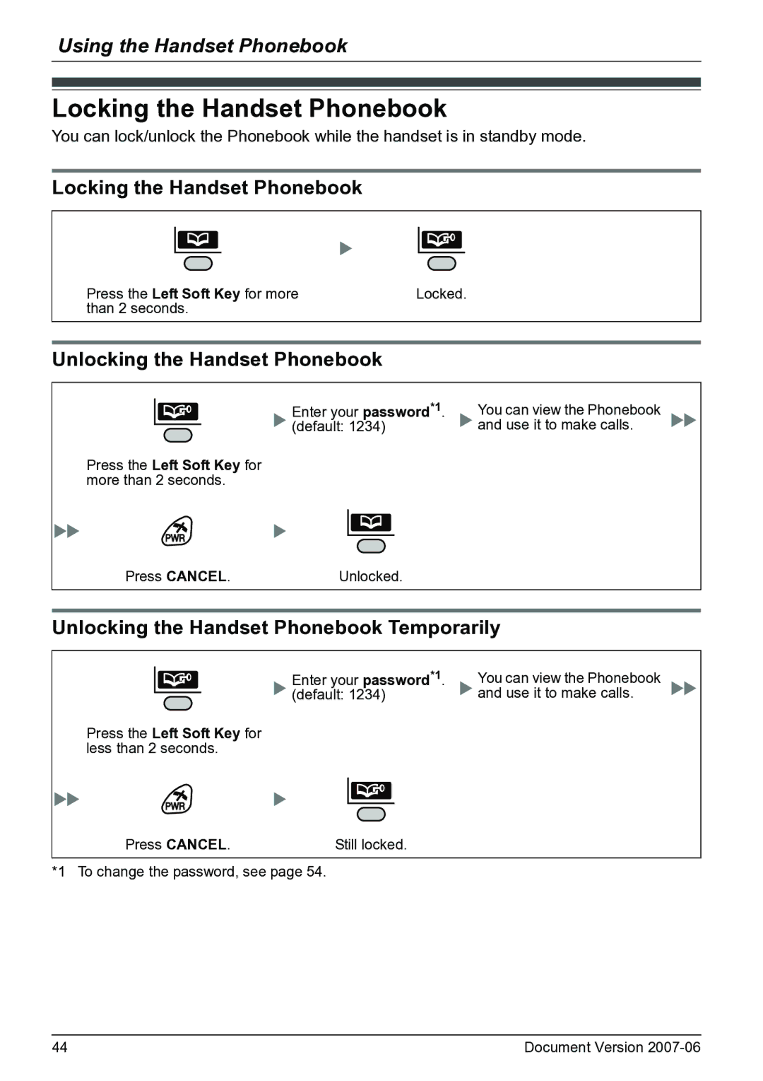 Panasonic KX-TD7694 operating instructions Locking the Handset Phonebook, Unlocking the Handset Phonebook 