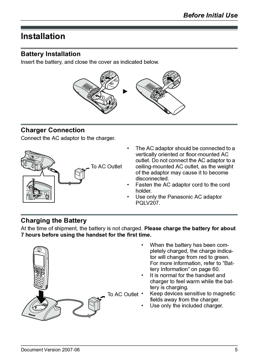 Panasonic KX-TD7694 operating instructions Battery Installation, Charger Connection, Charging the Battery 