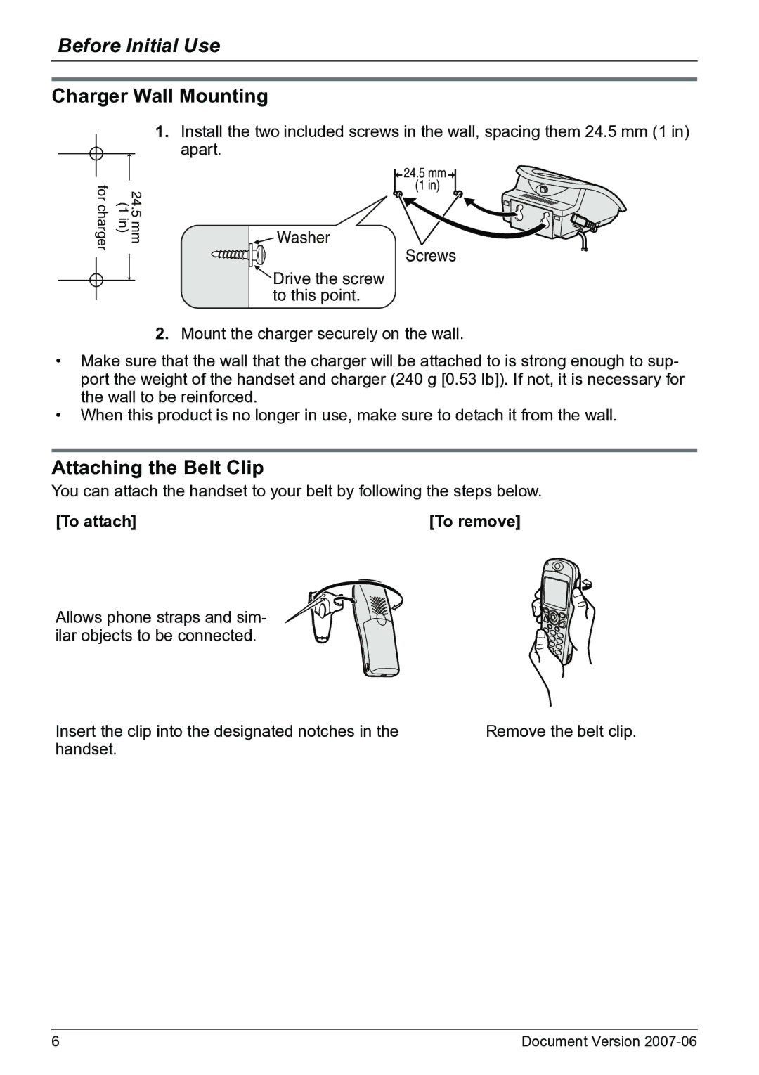 Panasonic KX-TD7694 operating instructions Charger Wall Mounting, Attaching the Belt Clip, To attach 