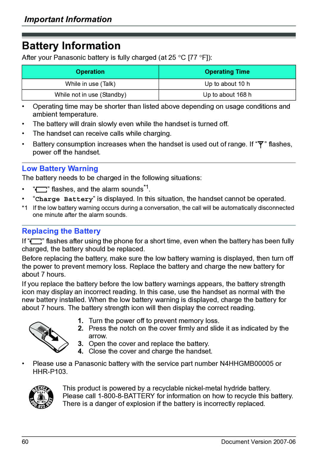 Panasonic KX-TD7694 operating instructions Battery Information, Operation Operating Time 