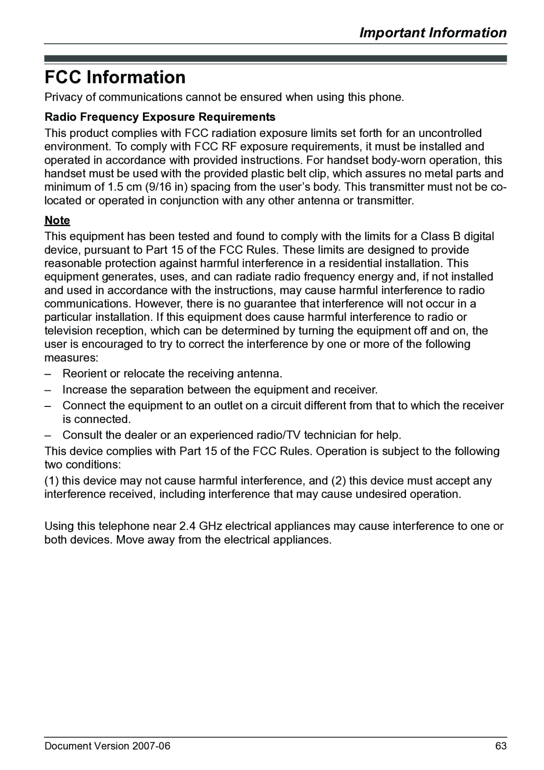 Panasonic KX-TD7694 operating instructions FCC Information, Radio Frequency Exposure Requirements 