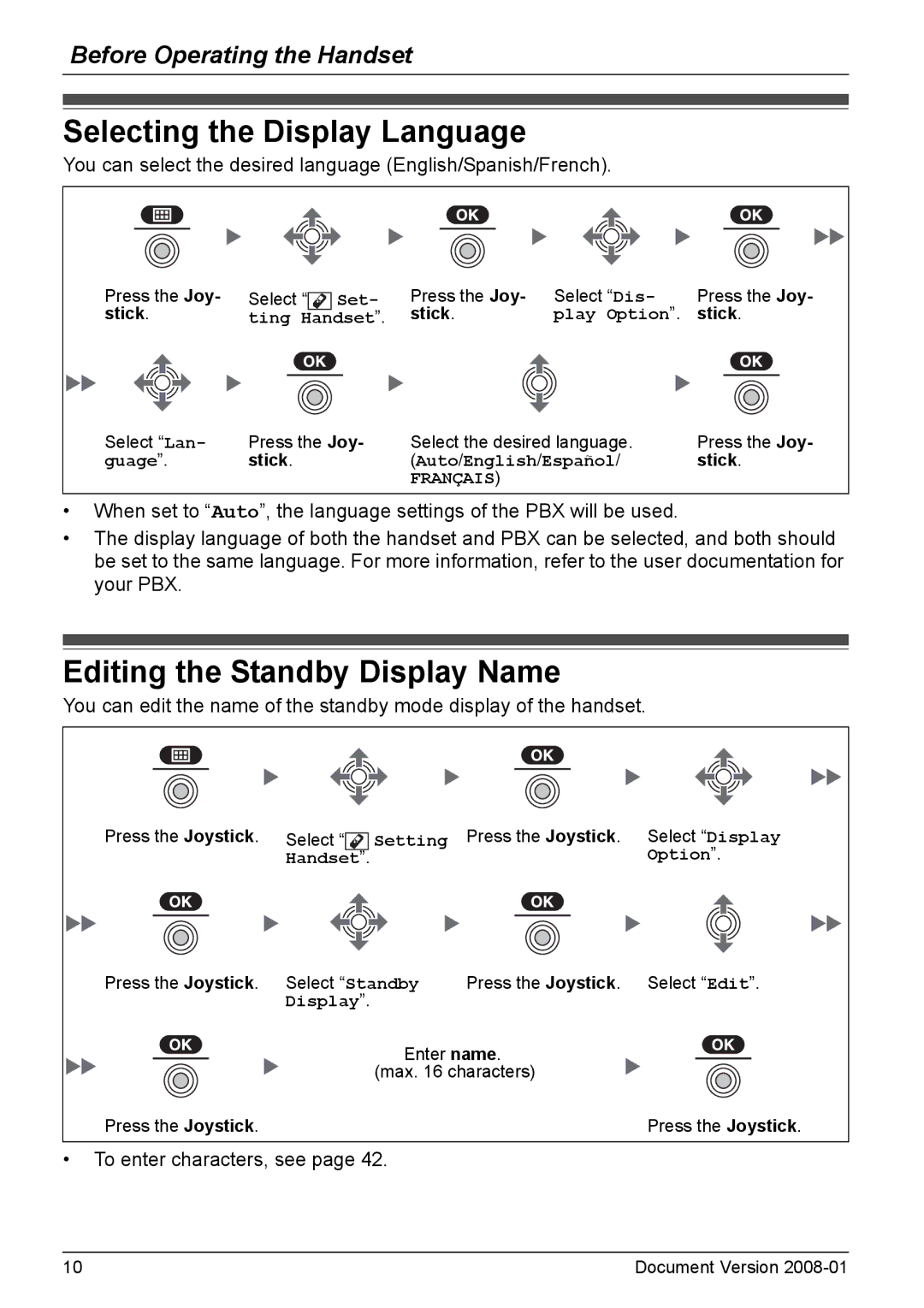 Panasonic KX-TD7695 operating instructions Selecting the Display Language, Editing the Standby Display Name, Stick 