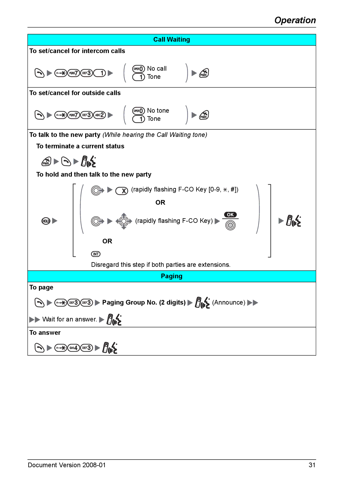 Panasonic KX-TD7695 Call Waiting To set/cancel for intercom calls, To set/cancel for outside calls, To answer 