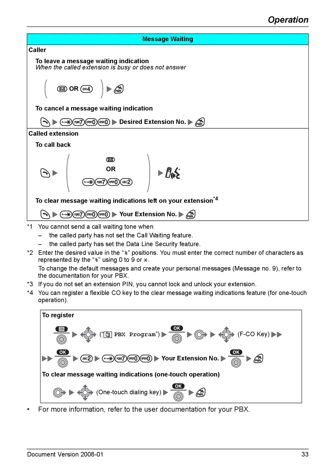 Panasonic KX-TD7695 operating instructions Message Waiting Caller To leave a message waiting indication, To register 