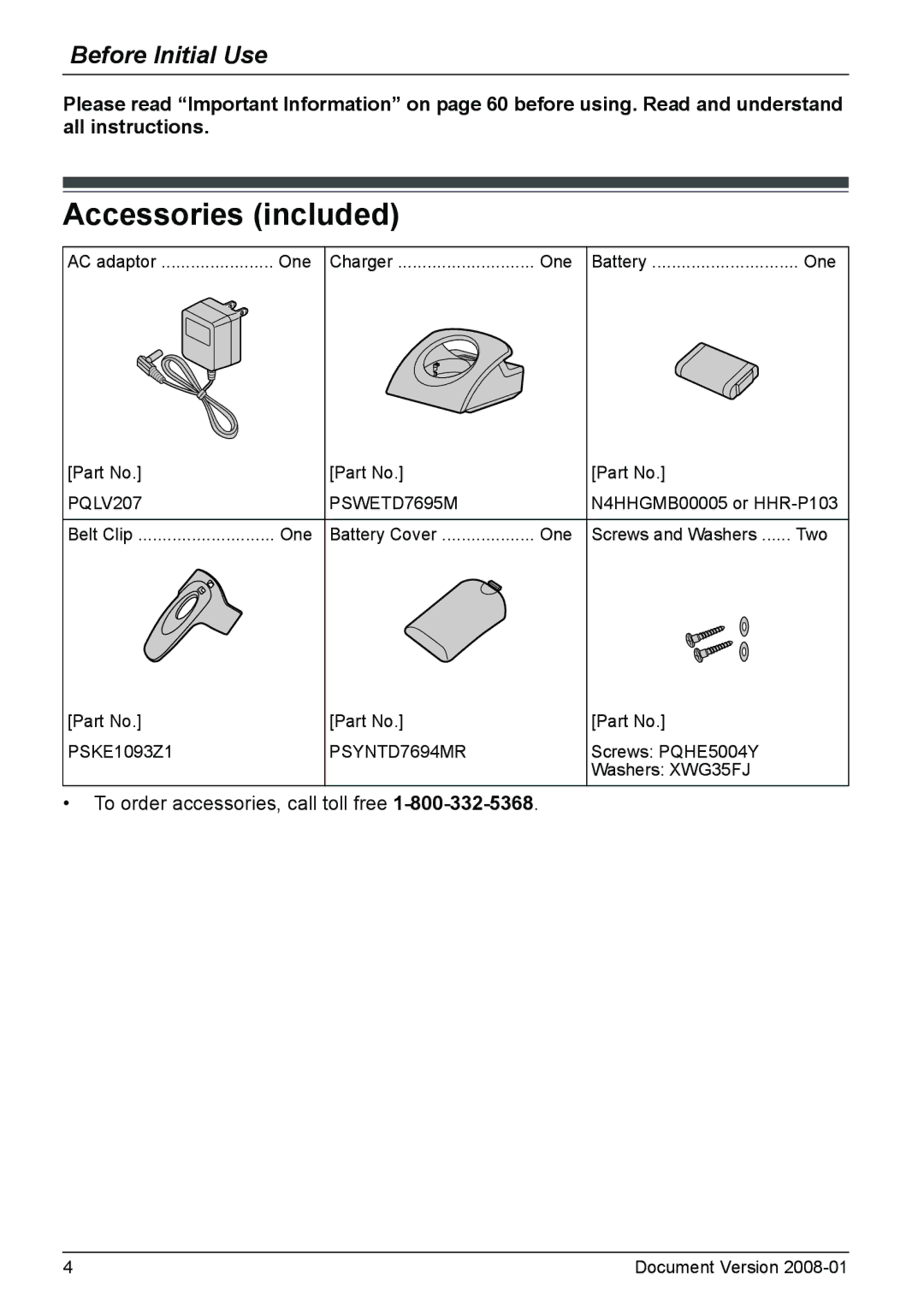 Panasonic KX-TD7695 operating instructions Accessories included, Before Initial Use 