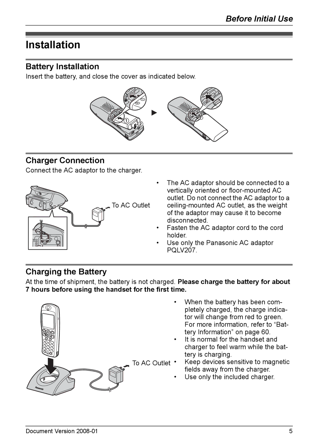 Panasonic KX-TD7695 operating instructions Battery Installation, Charger Connection, Charging the Battery 