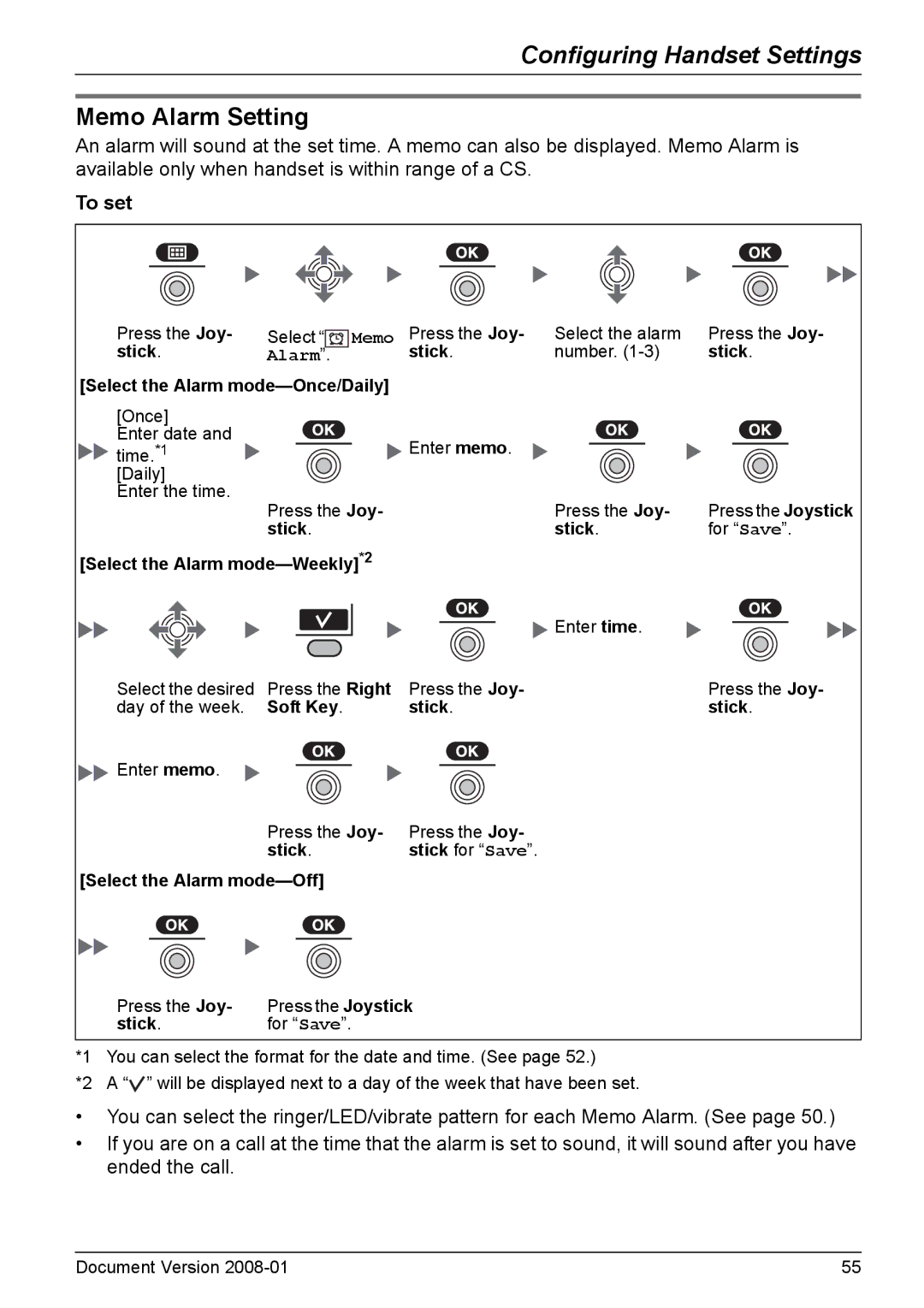 Panasonic KX-TD7695 Memo Alarm Setting, To set, Select the Alarm mode-Weekly *2, Select the Alarm mode-Off 