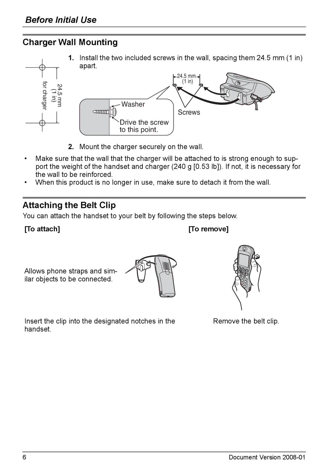 Panasonic KX-TD7695 operating instructions Charger Wall Mounting, Attaching the Belt Clip, To attach 