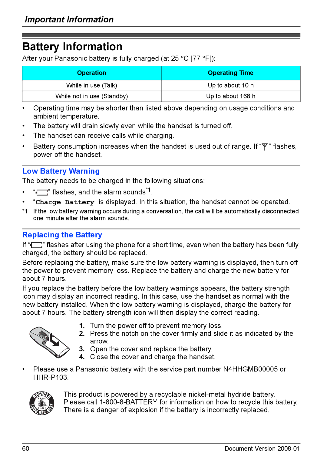 Panasonic KX-TD7695 operating instructions Battery Information, Operation Operating Time 