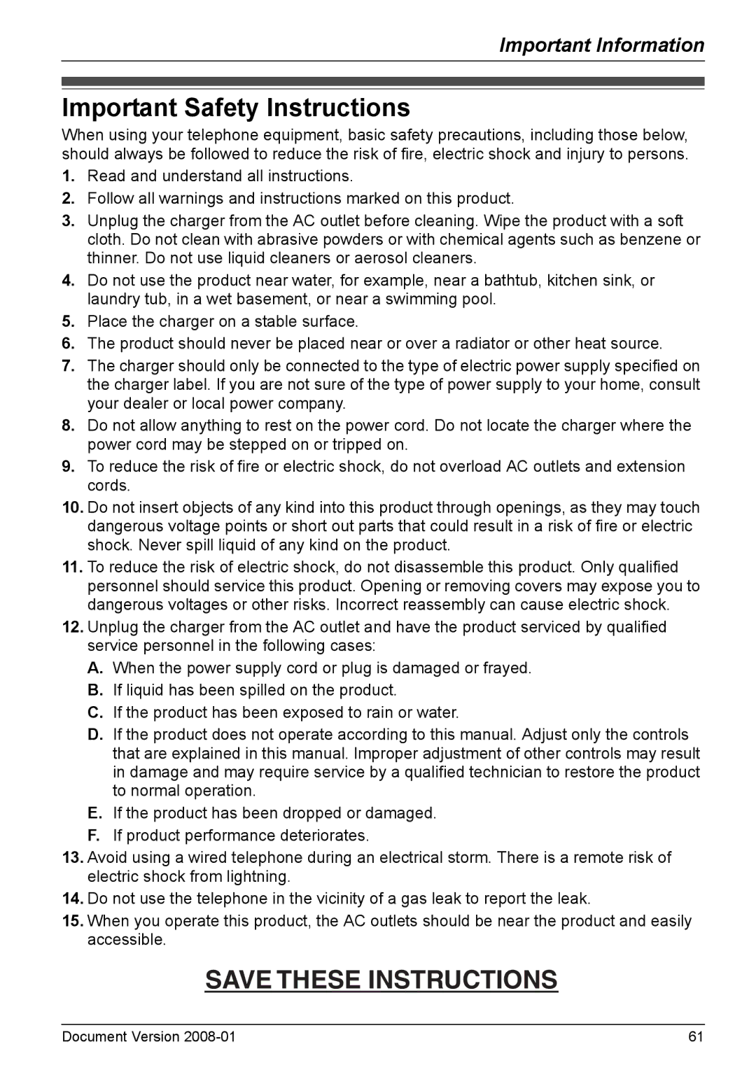 Panasonic KX-TD7695 operating instructions Important Safety Instructions 