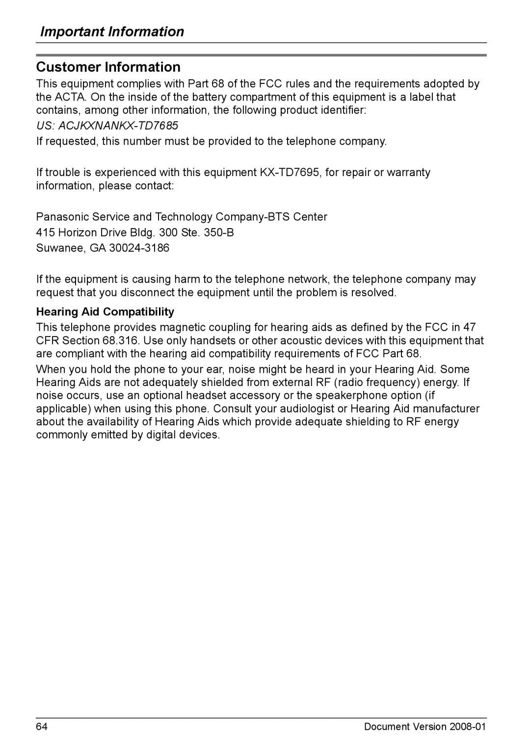 Panasonic KX-TD7695 operating instructions Customer Information, Hearing Aid Compatibility 