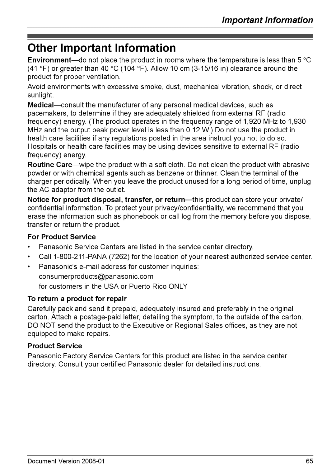 Panasonic KX-TD7695 operating instructions Other Important Information, For Product Service, To return a product for repair 