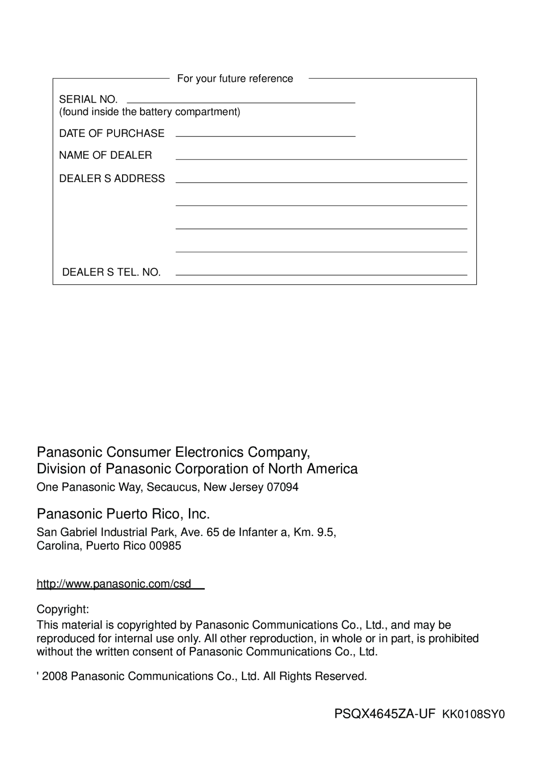 Panasonic KX-TD7695 operating instructions Panasonic Puerto Rico, Inc, Copyright 