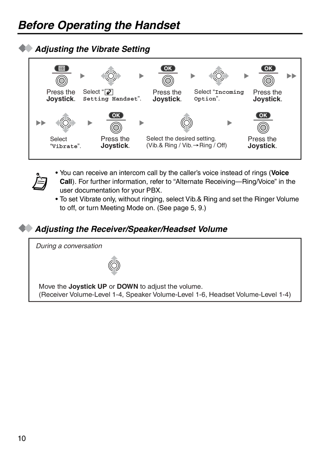 Panasonic KX-TD7896 manual Adjusting the Vibrate Setting, Adjusting the Receiver/Speaker/Headset Volume 