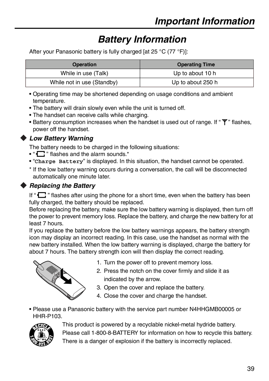 Panasonic KX-TD7896 manual Important Information Battery Information, Low Battery Warning, Replacing the Battery 