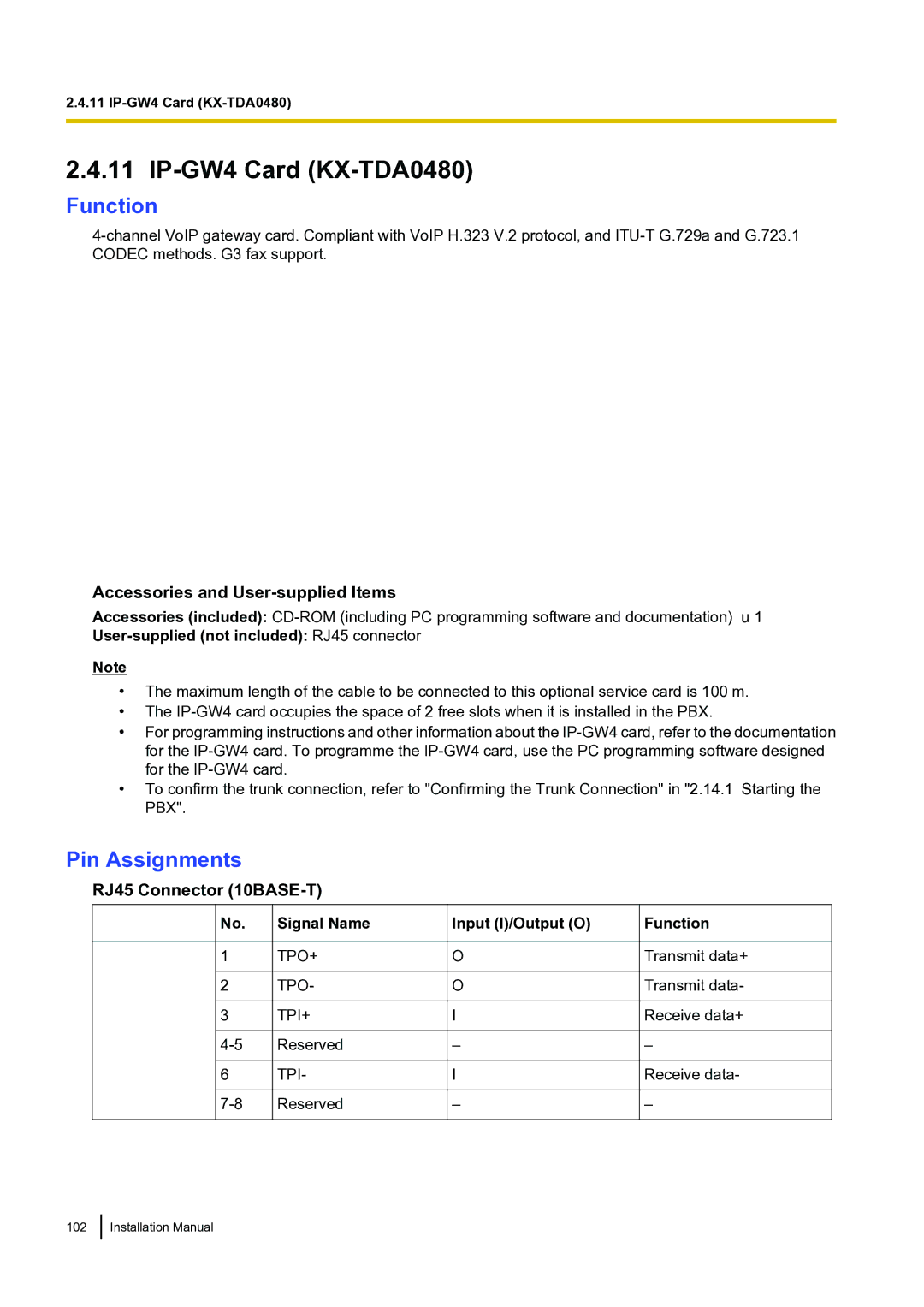 Panasonic KX-TDA100 installation manual IP-GW4 Card KX-TDA0480, RJ45 Connector 10BASE-T, Input I/Output O Function 