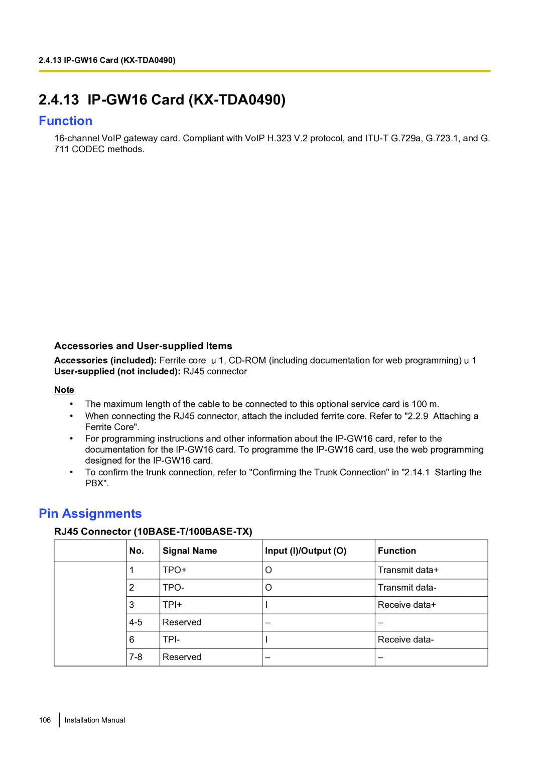 Panasonic KX-TDA100 installation manual IP-GW16 Card KX-TDA0490 