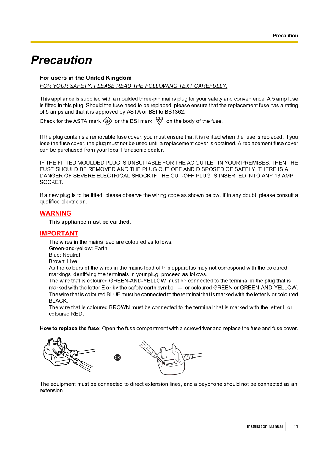 Panasonic KX-TDA100 installation manual For users in the United Kingdom, This appliance must be earthed 