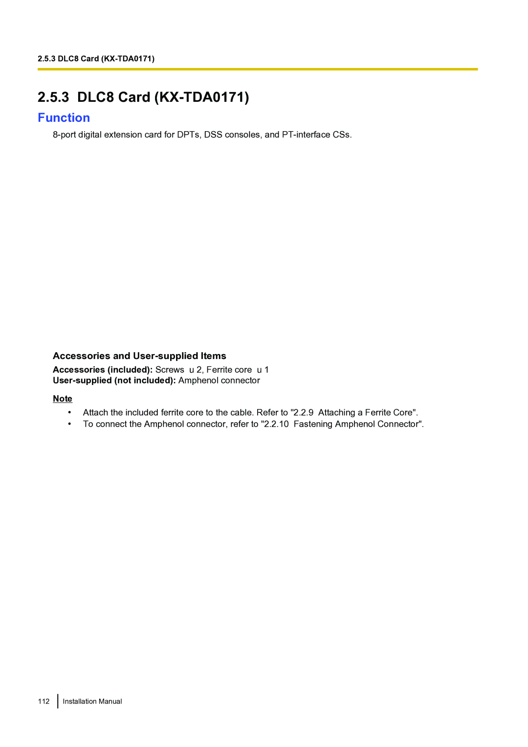 Panasonic KX-TDA100 installation manual 3 DLC8 Card KX-TDA0171 