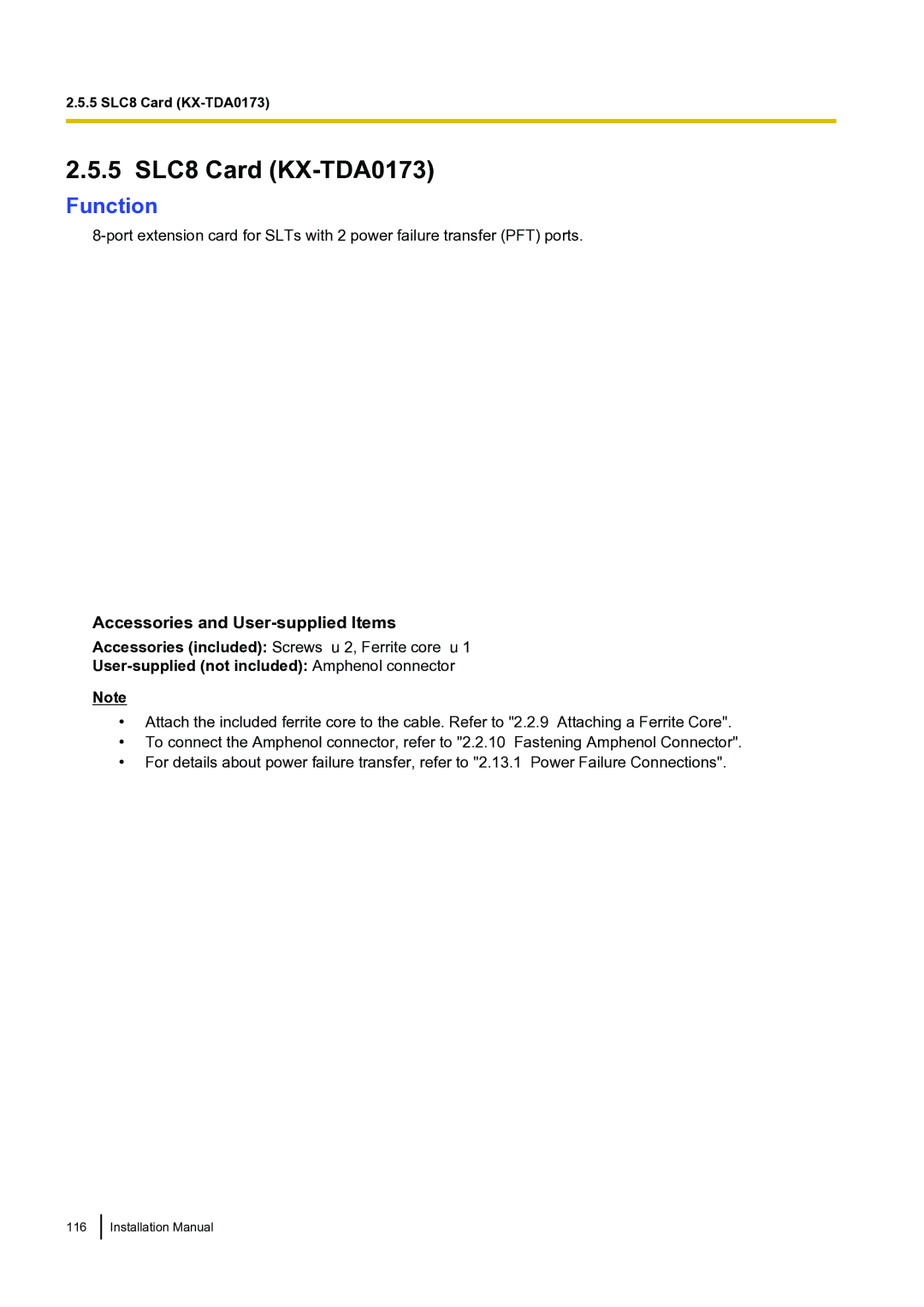 Panasonic KX-TDA100 installation manual 5 SLC8 Card KX-TDA0173 