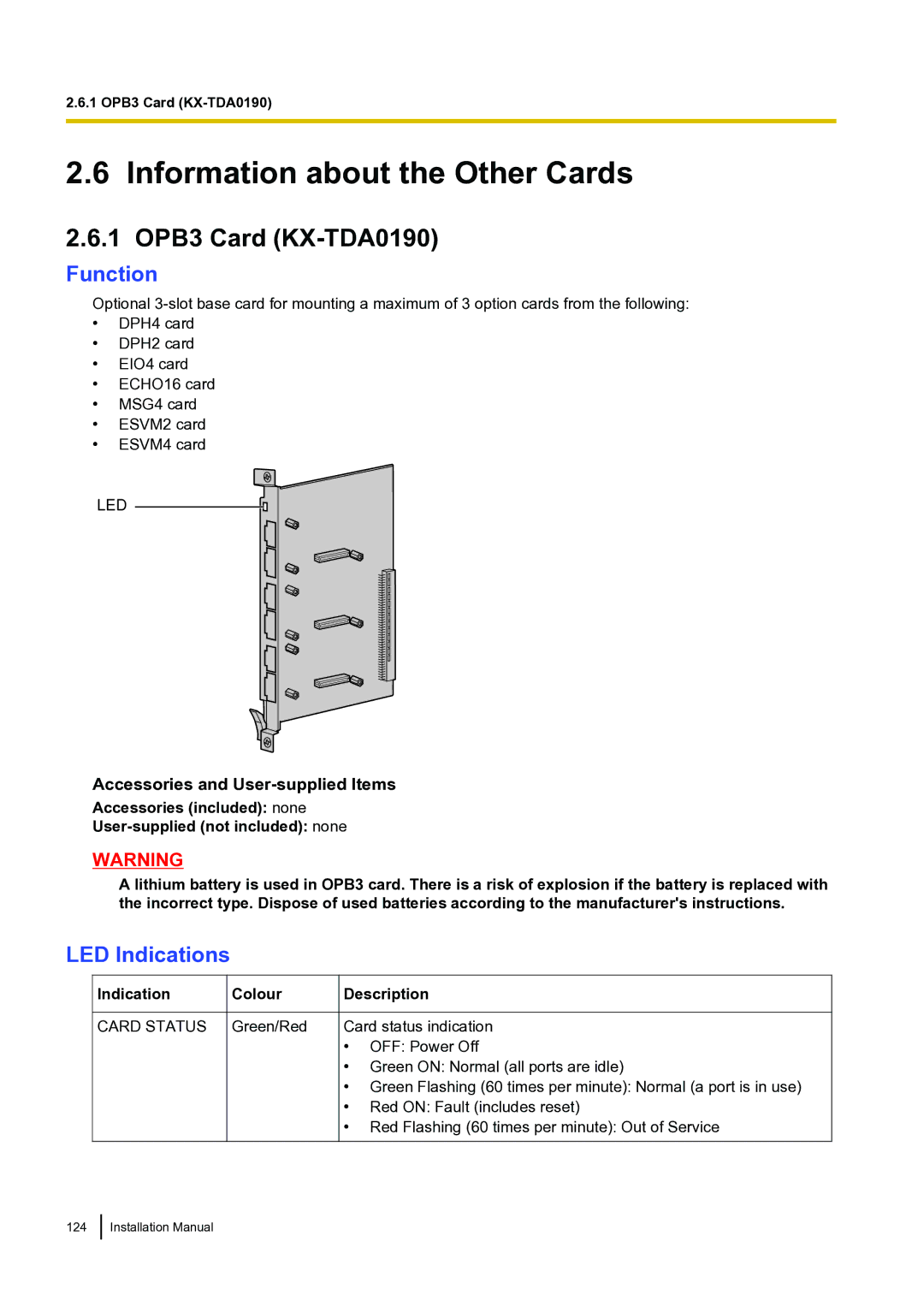 Panasonic KX-TDA100 installation manual Information about the Other Cards, 1 OPB3 Card KX-TDA0190 