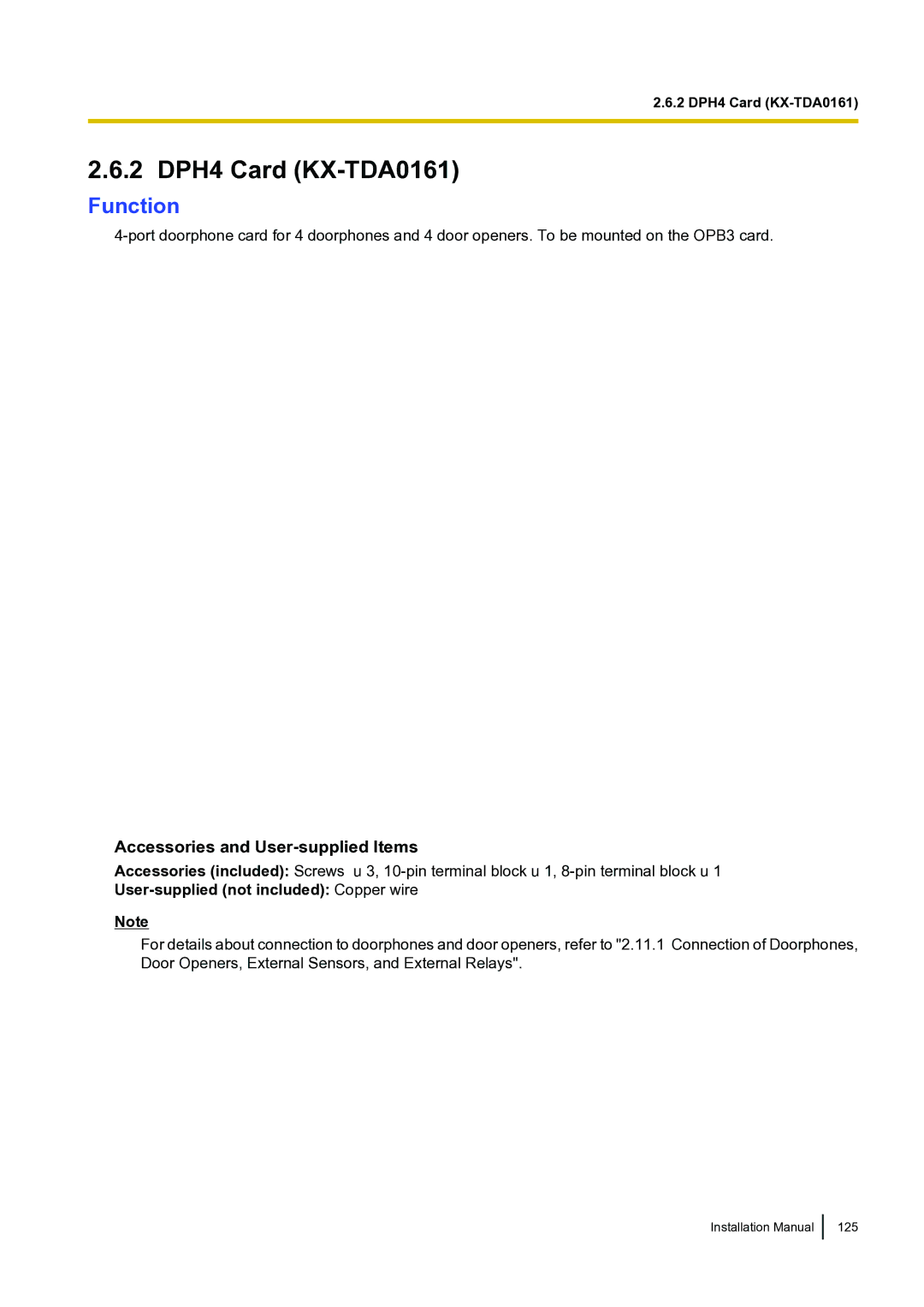 Panasonic KX-TDA100 installation manual 2 DPH4 Card KX-TDA0161, User-supplied not included Copper wire 