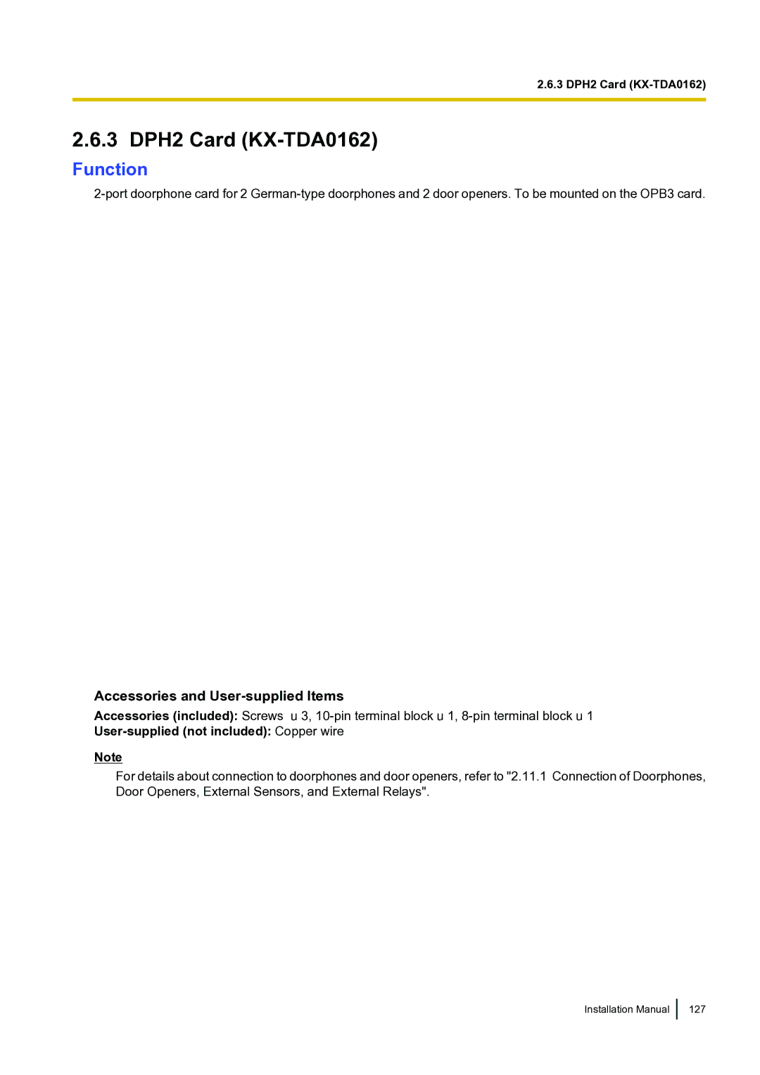 Panasonic KX-TDA100 installation manual 3 DPH2 Card KX-TDA0162 