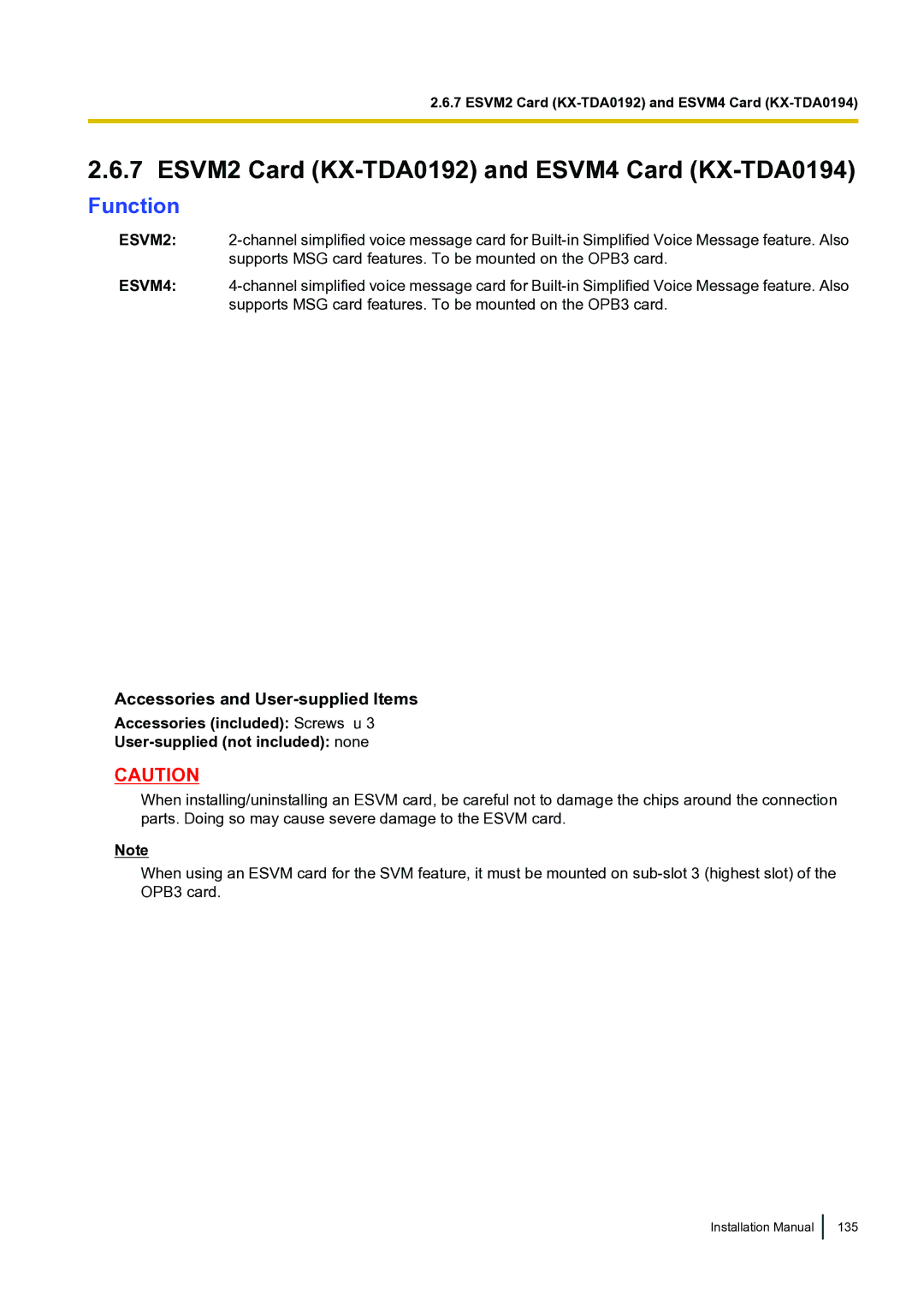 Panasonic KX-TDA100 installation manual ESVM2 Card KX-TDA0192 and ESVM4 Card KX-TDA0194 