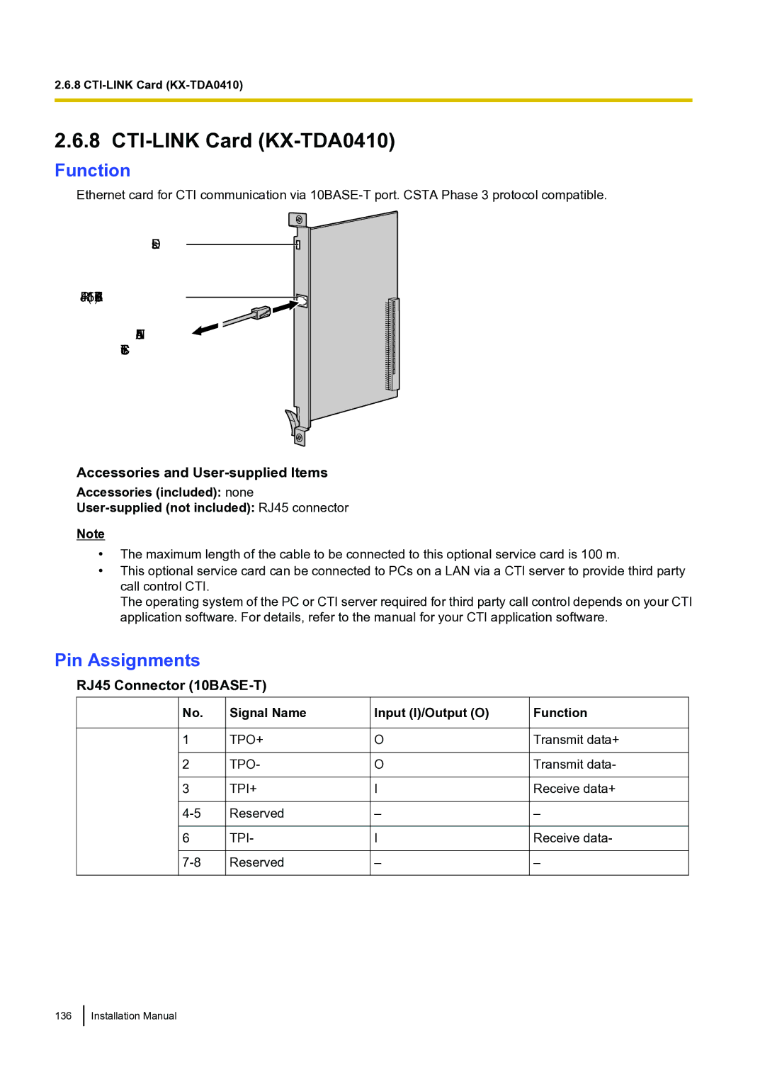 Panasonic KX-TDA100 installation manual CTI-LINK Card KX-TDA0410, Pin Assignments 