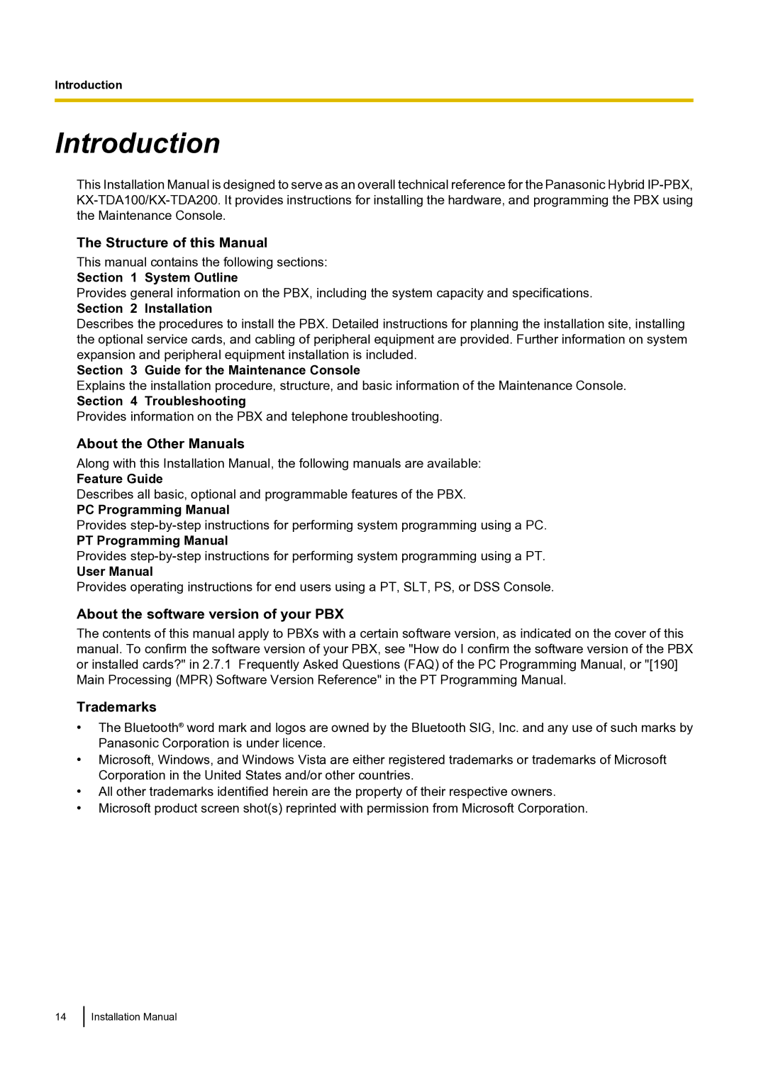 Panasonic KX-TDA100 Structure of this Manual, About the Other Manuals, About the software version of your PBX, Trademarks 