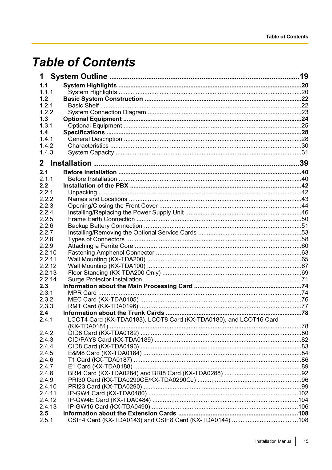 Panasonic KX-TDA100 installation manual Table of Contents 