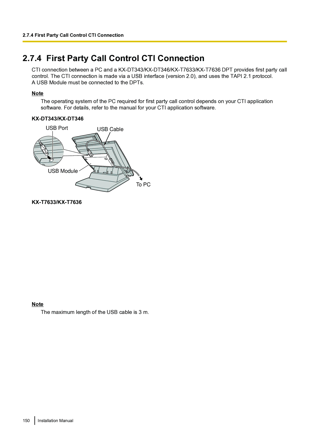 Panasonic KX-TDA100 installation manual First Party Call Control CTI Connection, KX-DT343/KX-DT346, KX-T7633/KX-T7636 