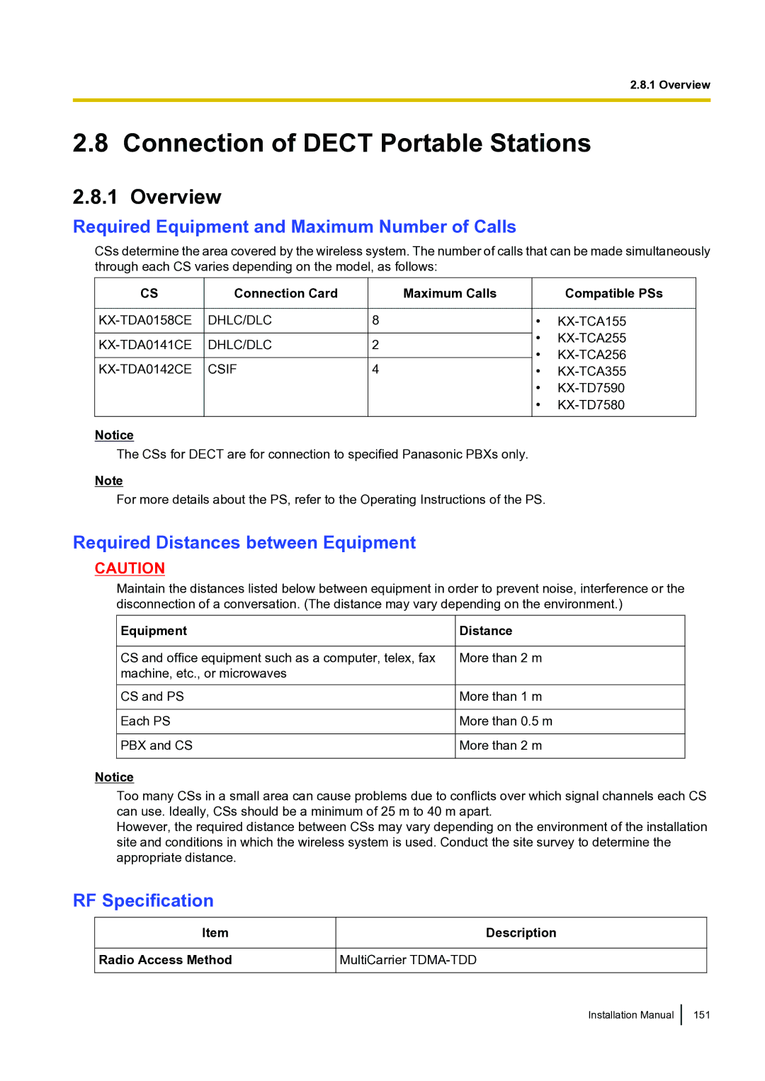 Panasonic KX-TDA100 Connection of Dect Portable Stations, Overview, Required Equipment and Maximum Number of Calls 