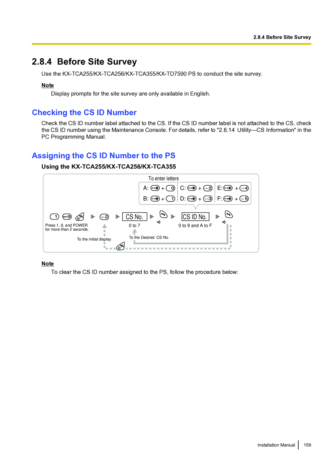 Panasonic KX-TDA100 Before Site Survey, Checking the CS ID Number, Assigning the CS ID Number to the PS, CS No 