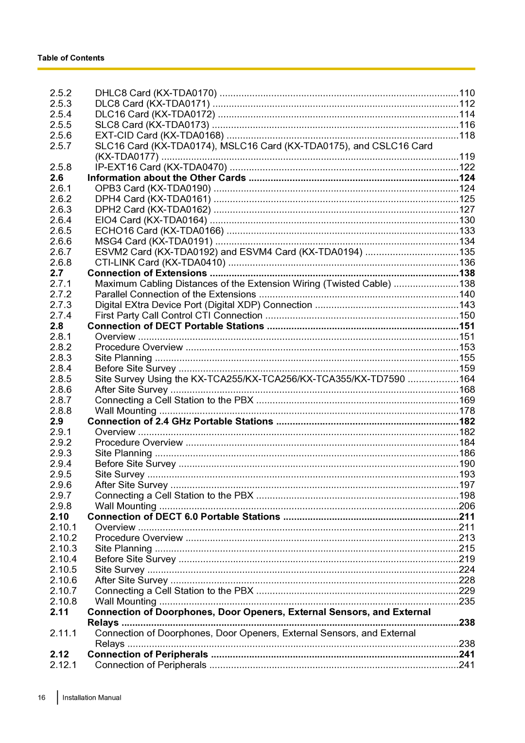 Panasonic KX-TDA100 Information about the Other Cards 124, Connection of Extensions 138, Connection of Peripherals 241 