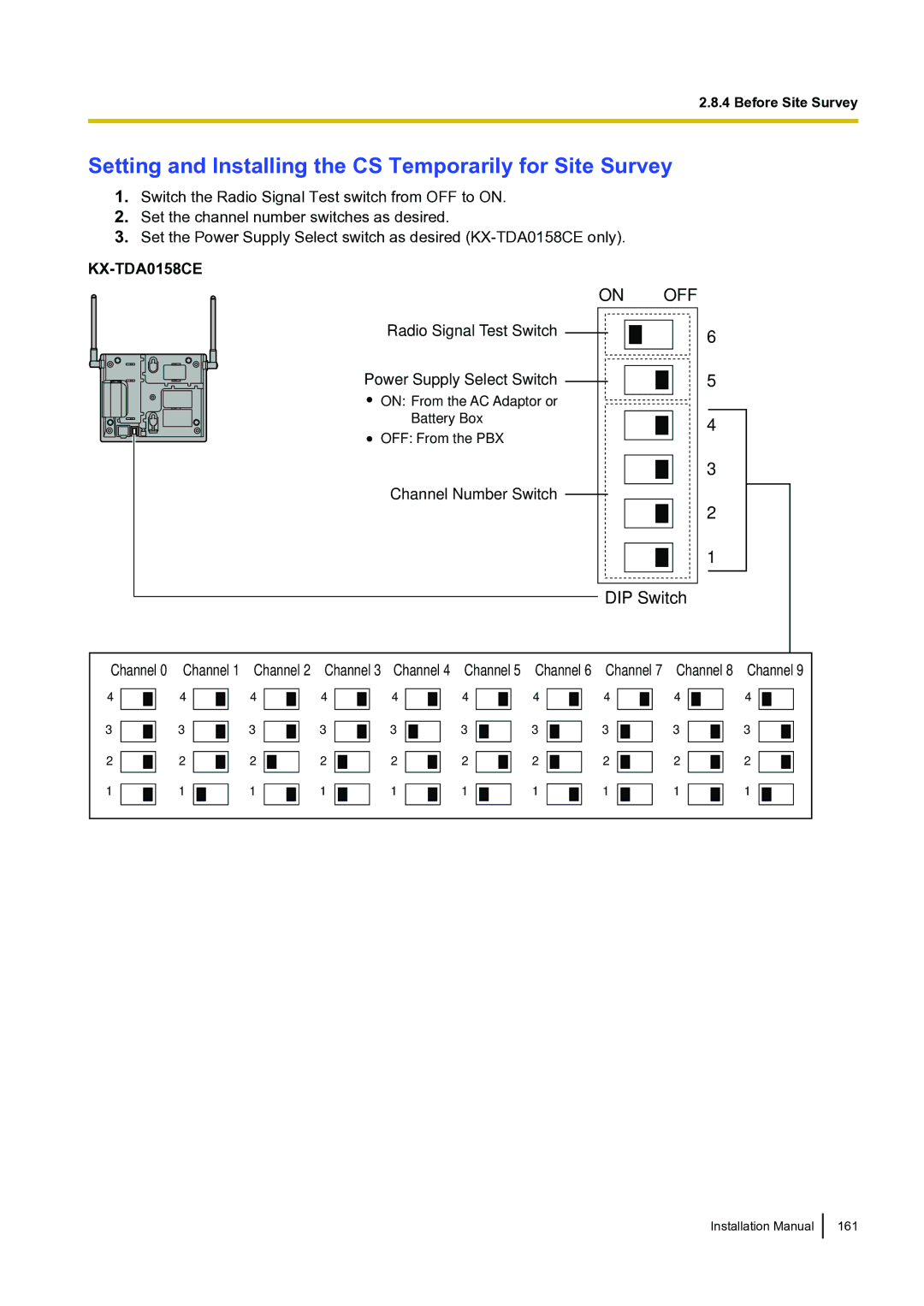 Panasonic KX-TDA100 installation manual Setting and Installing the CS Temporarily for Site Survey, DIP Switch 